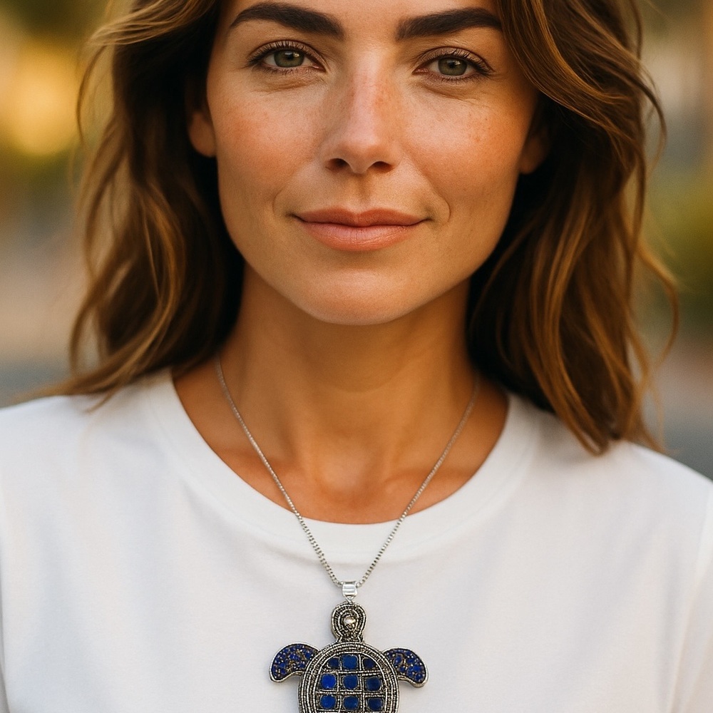 Silver and Blue Rhinestone Turtle Pendant Necklace